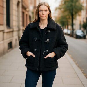 NWT Tommy Hilfiger Women's Black Sherpa Toggle Zip-Up Jacket Size XL